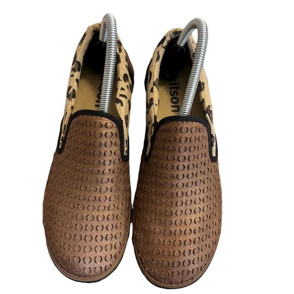 Kitson Los Angeles Bronze Leather and Animal Print Canvas Slip On Loafers Women' - Picture 3 of 8